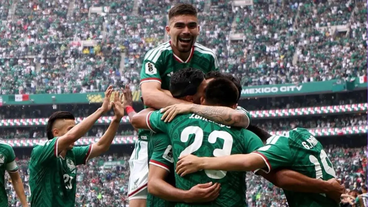 Pemain Meksiko merayakan gol saat mengalahkan Afrika Selatan 2-0 pada laga pembuka Grup A Piala Dunia 2026 di Stadion Azteca. (FIFA)