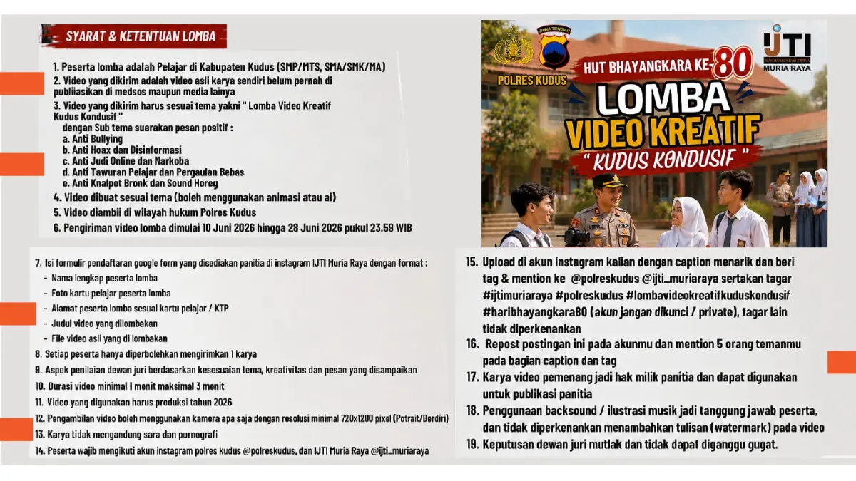 Syarat dan ketentuan lomba video kreatif Kudus Kondusif