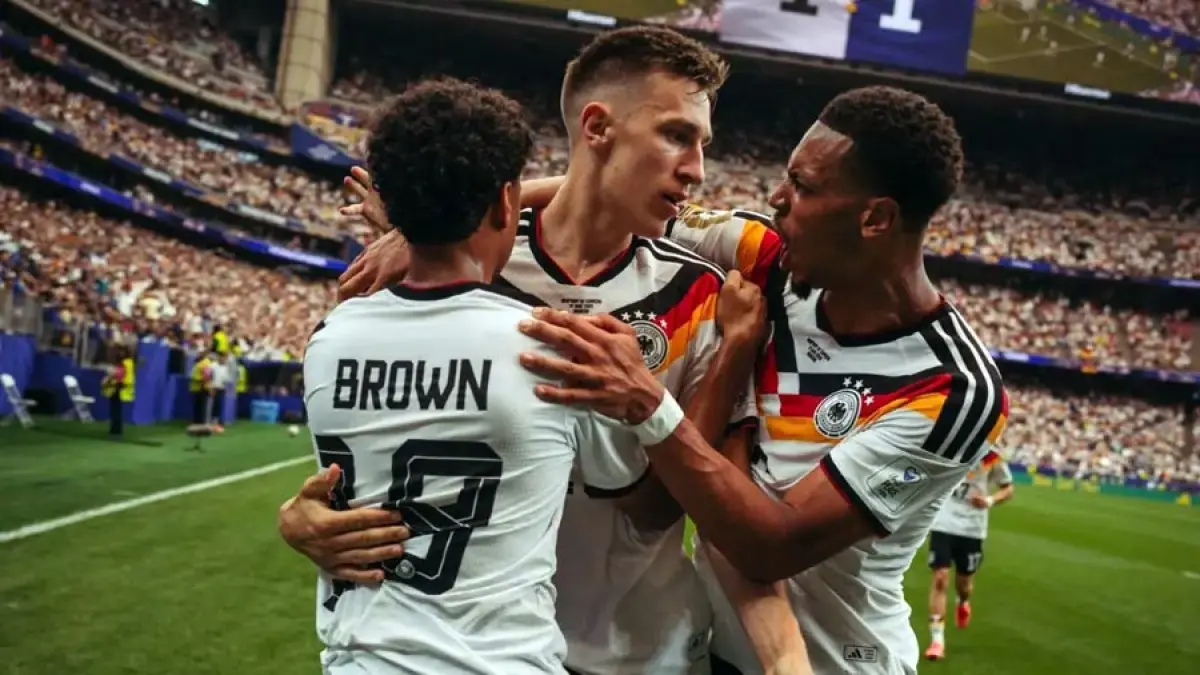 Der Panzer merayakan gol saat membawa menang telak 7-1 atas Curacao pada laga Grup E Piala Dunia 2026 di Houston. (DFB)