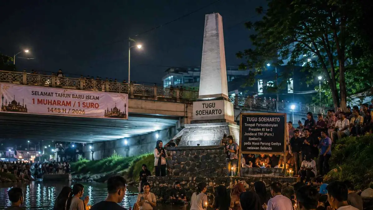 Foto ilustrasi pelaksanaan tradisi kungkum di Tugu Soeharto, Semarang, setiap 1 suro (generated by AI)