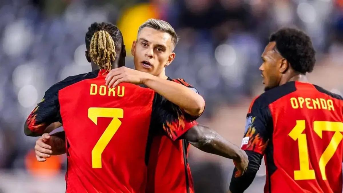 Bintang-bintang baru timnas Belgia, Jeremy Doku, Leandro Trossard, dan Lois Openda. (Joris Verwijst/BSR Agency)