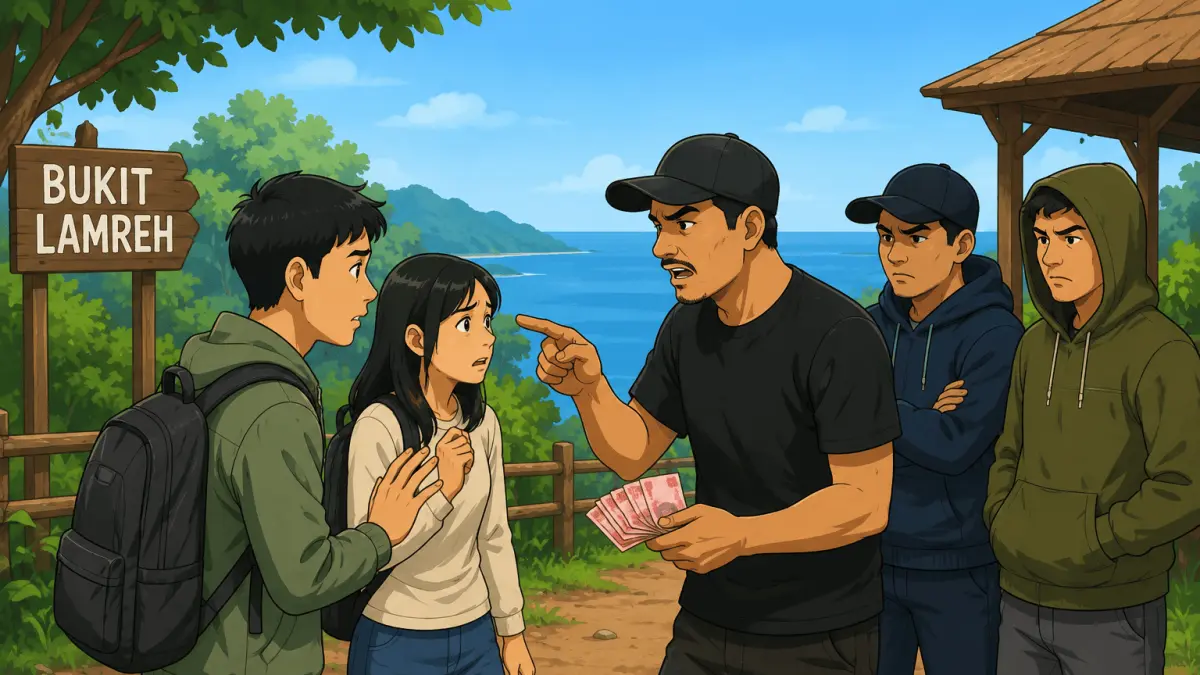 Ilustrasi pemerasan wisatawan di Bukit Lamreh, Aceh. (generated by AI)