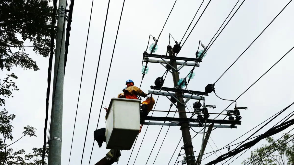PERBAIKI JARINGAN – Petugas PLN sedang memperbaiki jaringan listrik di Kota Purwodadi 