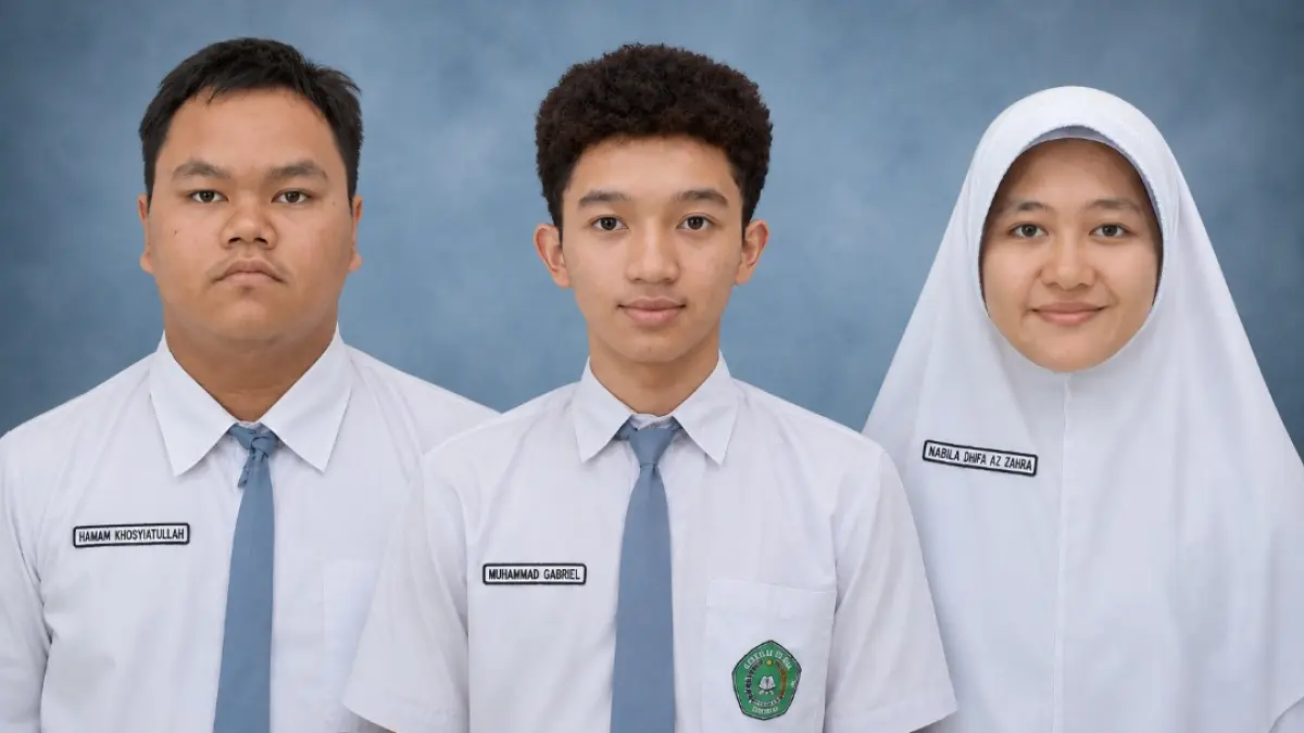 MENGHARUMKAN: Tiga siswa kelas XII MAN 1 Jepara berhasil lolos ke Al Azhar, Mesir. Mereka ialah Hamam Khosyiatullah (kiri), Muhammad Gabriel (tengah), Nabila Dhifa az Zahra (kanan).