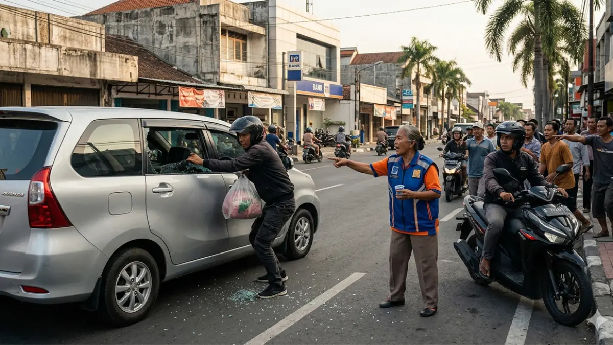 Ilustrasi seorang juru parkir lanjut usia di Brebes berhasil menggagalkan upaya pencurian uang tunai senilai Rp3,6 miliar. (ai)