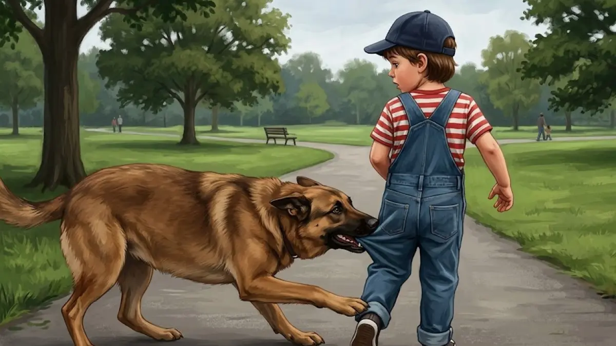 Ilustrasi anak digigit anjing galak. (Gemini AI)