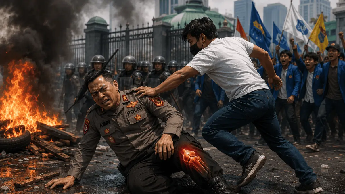 Ilustrasi AKBP Adri Desas Furyanto mengalami patah tulang pada lutut kanan saat mengamankan aksi unjuk rasa (generated by AI)