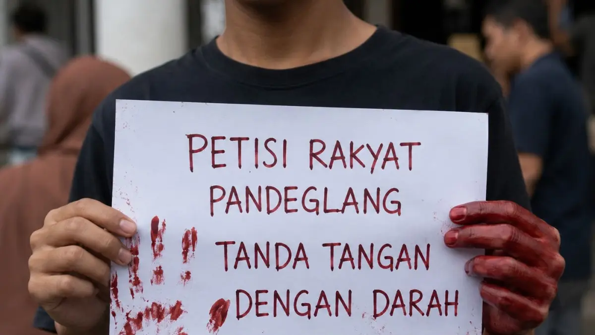 Ilustrasi  tanda tangan menggunakan darah sebagai bentuk protes warga Pandeglang terhadap kondisi jalan rusak yang tak kunjung diperbaiki. (generated by AI)