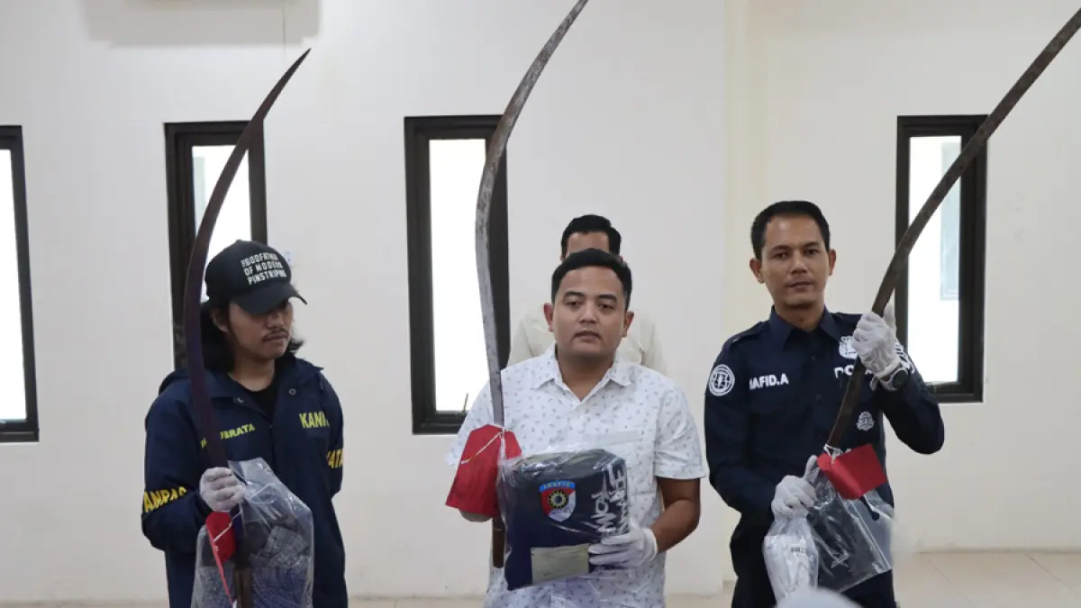 Kasat Reskrim Polresta Pati, Kompol Dika Hadian W. Wiratama menunjukkan barang bukti senjata tajam milik anggota gangster. (HUMAS POLRESTA PATI) 