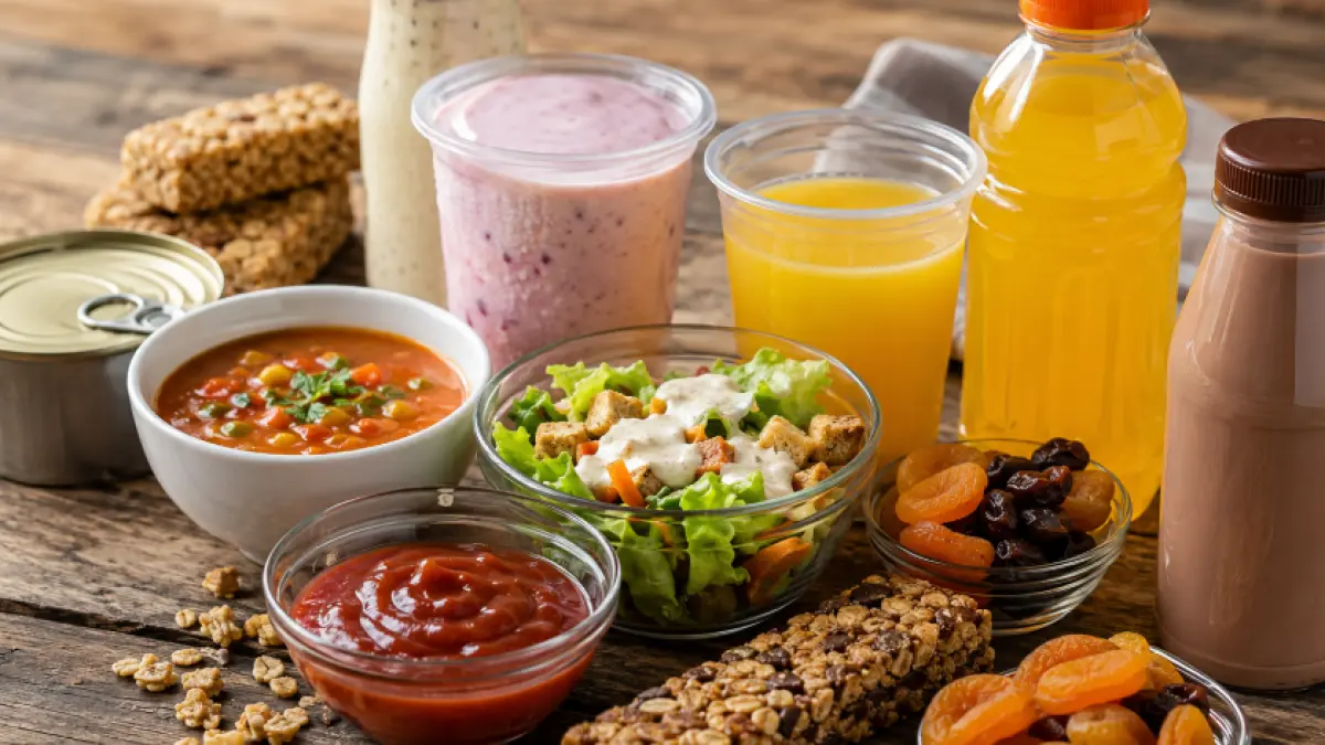 Ilustrasi berbagai makanan dan minuman yang sering dianggap sehat, seperti yogurt, granola, jus buah, salad, hingga susu cokelat, namun dapat mengandung gula tambahan dalam jumlah tinggi apabila dikonsumsi tanpa memperhatikan label nutrisi.