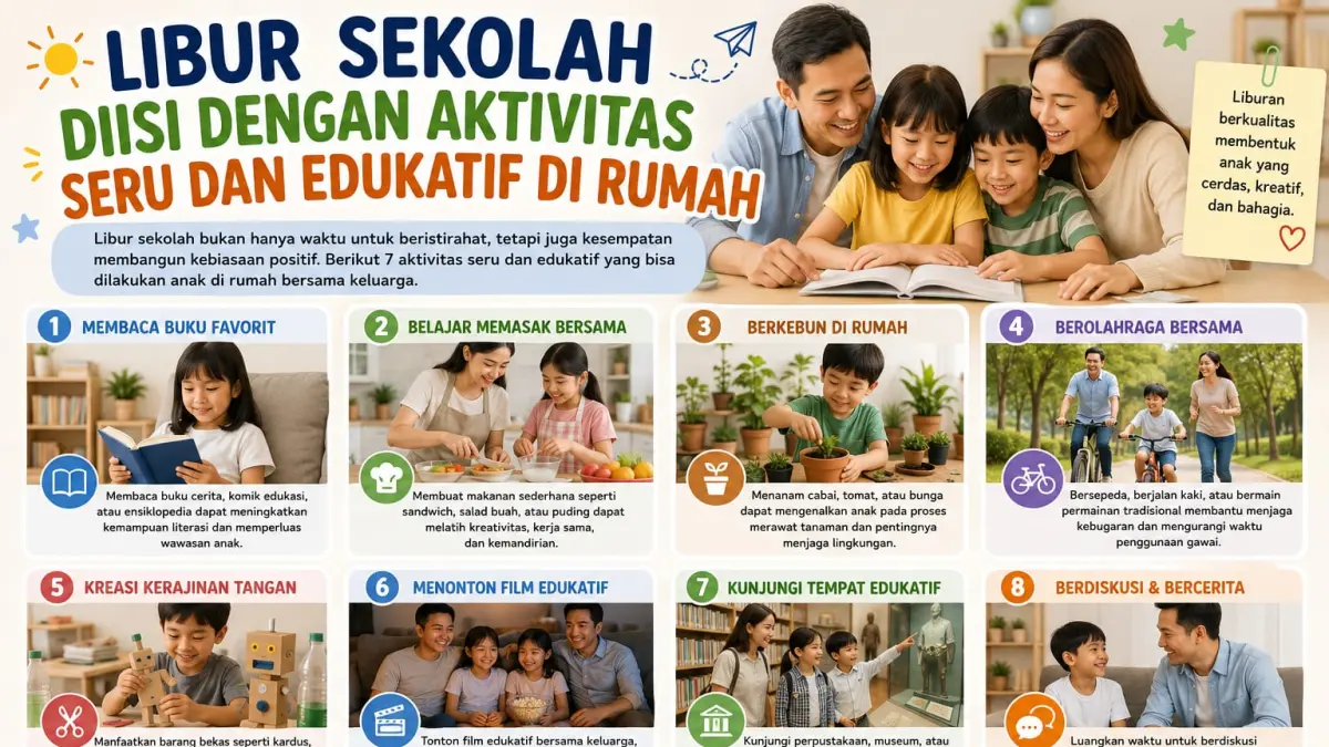 Libur sekolah dapat dimanfaatkan dengan berbagai aktivitas edukatif di rumah, seperti membaca, memasak, berkebun, dan membuat kerajinan tangan bersama keluarga.