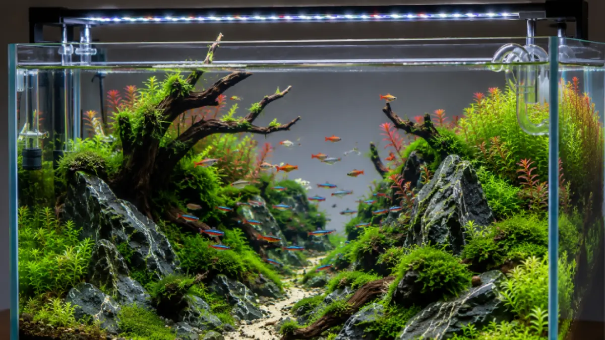Keindahan aquascape memadukan tanaman air, bebatuan, kayu apung, dan ikan hias dalam satu akuarium, menciptakan ekosistem mini yang estetik sekaligus menenangkan.