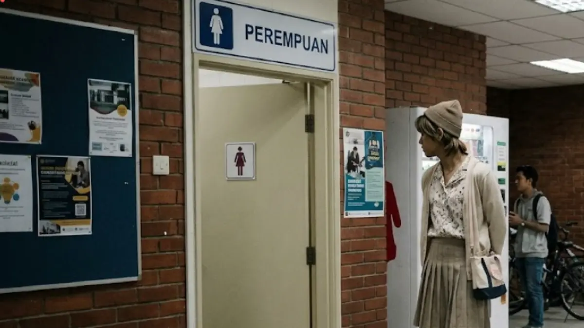 Ilustrasi mahasiswa menyusup ke toilet mahasiswi dengan mengenakan pakaian perempuan. (Gemini AI)