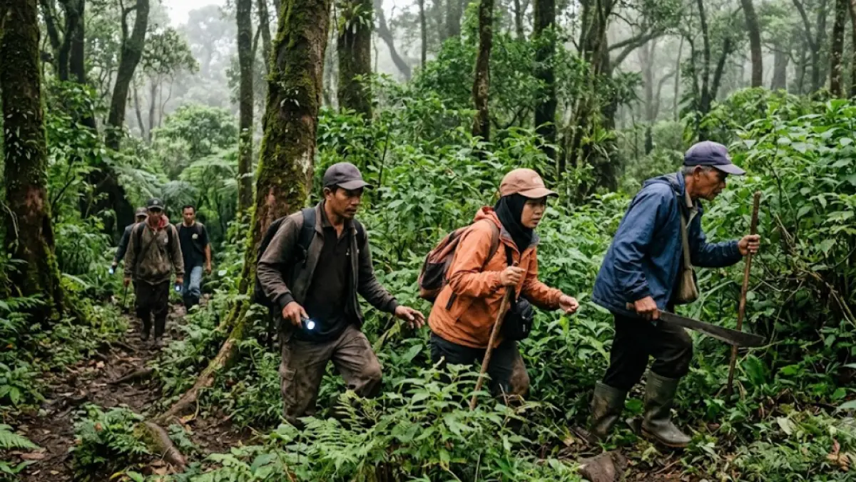 Ilustrasi orang orang warga sedang melakukan pencarian didalam hutan. (Gemini AI)