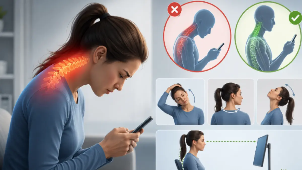 Ilustrasi seseorang mengalami text neck akibat kebiasaan menunduk terlalu lama saat menggunakan ponsel, yang dapat memicu nyeri dan kekakuan pada leher serta bahu.