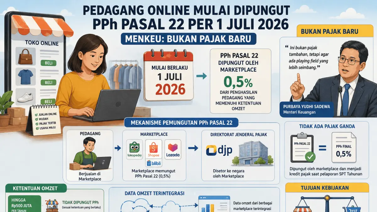 Pemungutan Pajak Penghasilan (PPh) Pasal 22 bagi pedagang yang berjualan melalui platform e-commerce mulai Rabu, 1 Juli 2026 (generated by AI)