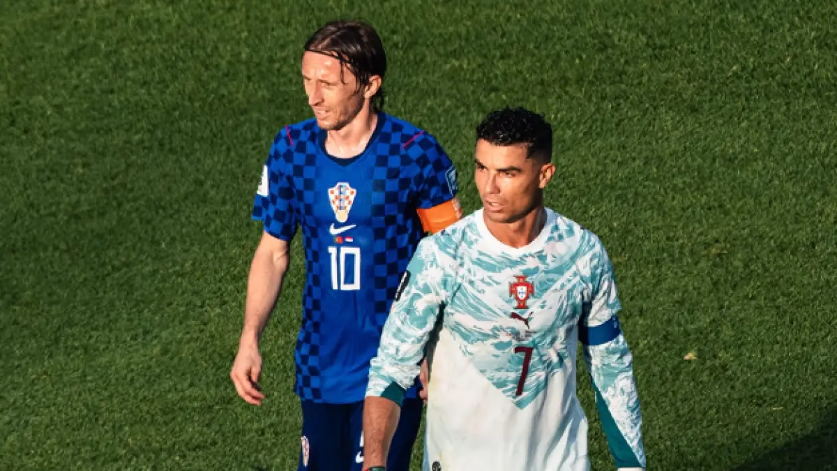 Pertemuan Modric dan Ronaldo dilapangan saat Portugal vs Kroasia di Piala Dunia 2026.