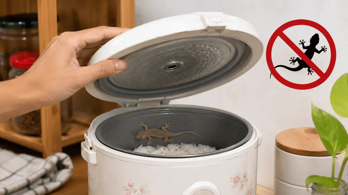 Gambar Ilustrasi Rice Cooker sering kemasukan cicak ? ini solusinya 

