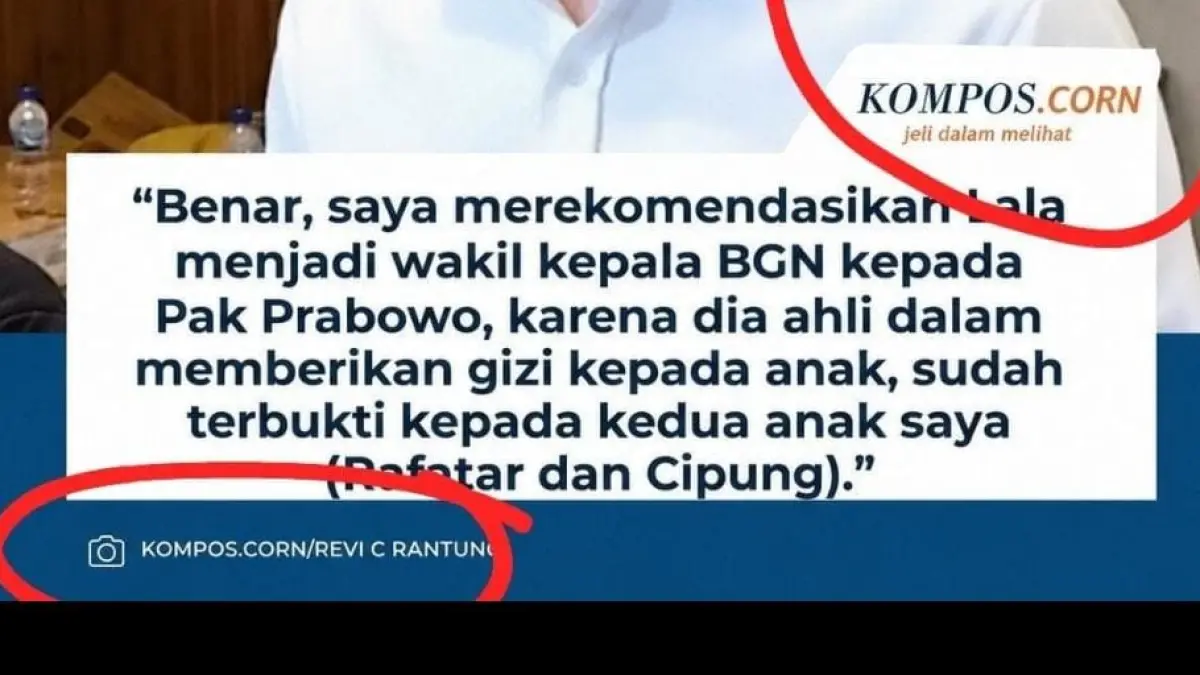 Awas timpa teks! Beredar tangkapan layar palsu mengatasnamakan Raffi Ahmad soal rekomendasi jabatan di BGN, lengkap logo media abal-abal "KOMPOS.CORN". Sebelum percaya dan share, cek dulu sumbernya