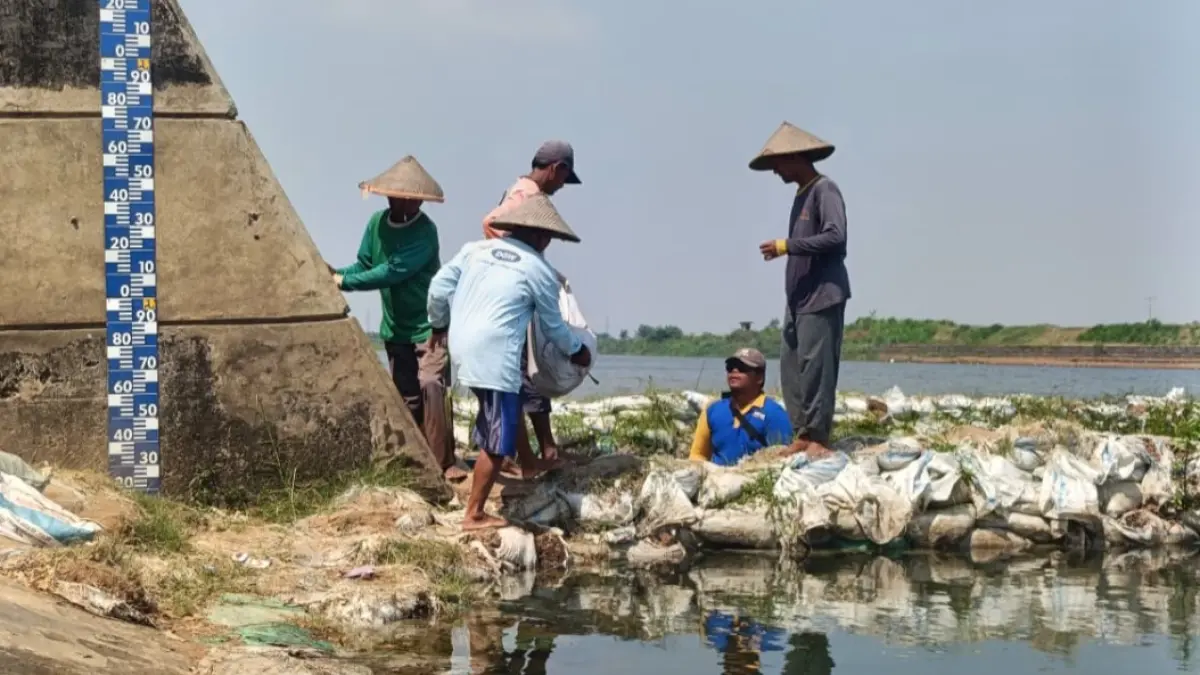 SENGKUYUNG BARENG: Sejumlah petani di Desa Gerdu tengah bergotong royong memperbaiki Bongpes Welahan Bum yang bocor. (DKPP JEPARA UNTUK RADAR KUDUS)