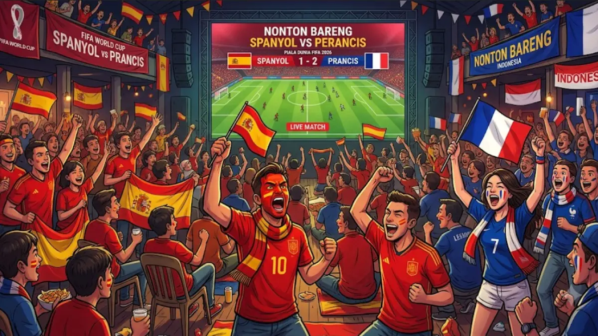 Ilustrasi nonton bareng piala dunia Spanyol vs Perancis. (Gemini AI)