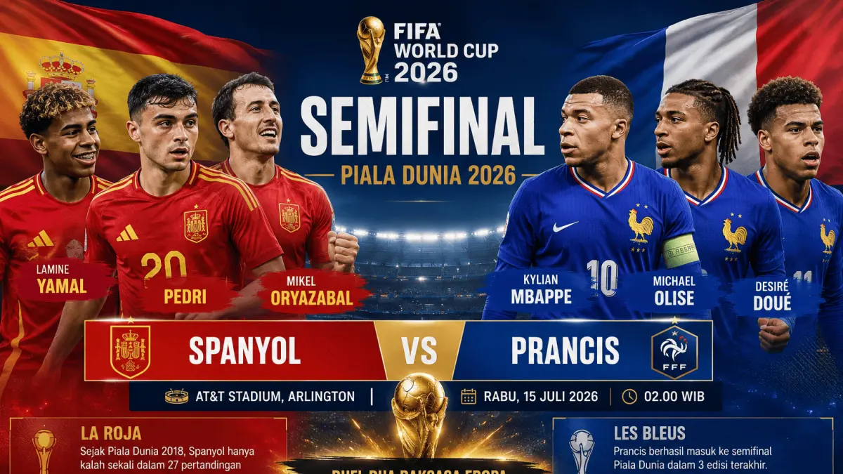 Spanyol menghadapi Prancis di semifinal Piala Dunia 2026 dalam duel yang diprediksi penuh drama dan aksi kelas dunia. (AI)