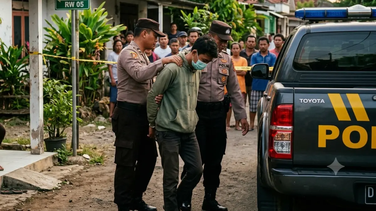 DIAMANKAN  - Terduga pelaku pelaku kekerasan seksual terhadap nenek tua diamankan Mapolsek Grobogan dengan visualisasi AI. 