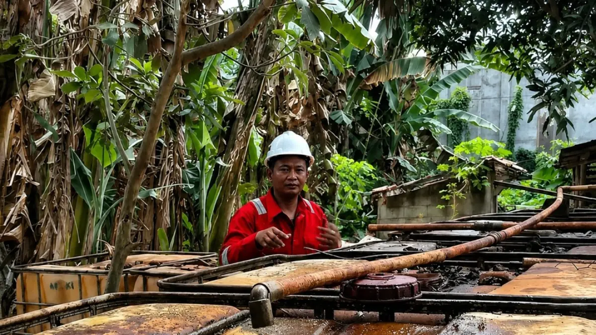 PANTAU: Warga Desa Plantungan saat meninjau aliran dari sumur minyak rakyat ke tempat-tempat penampungan. (EKO SANTOSO/RADAR KUDUS)
