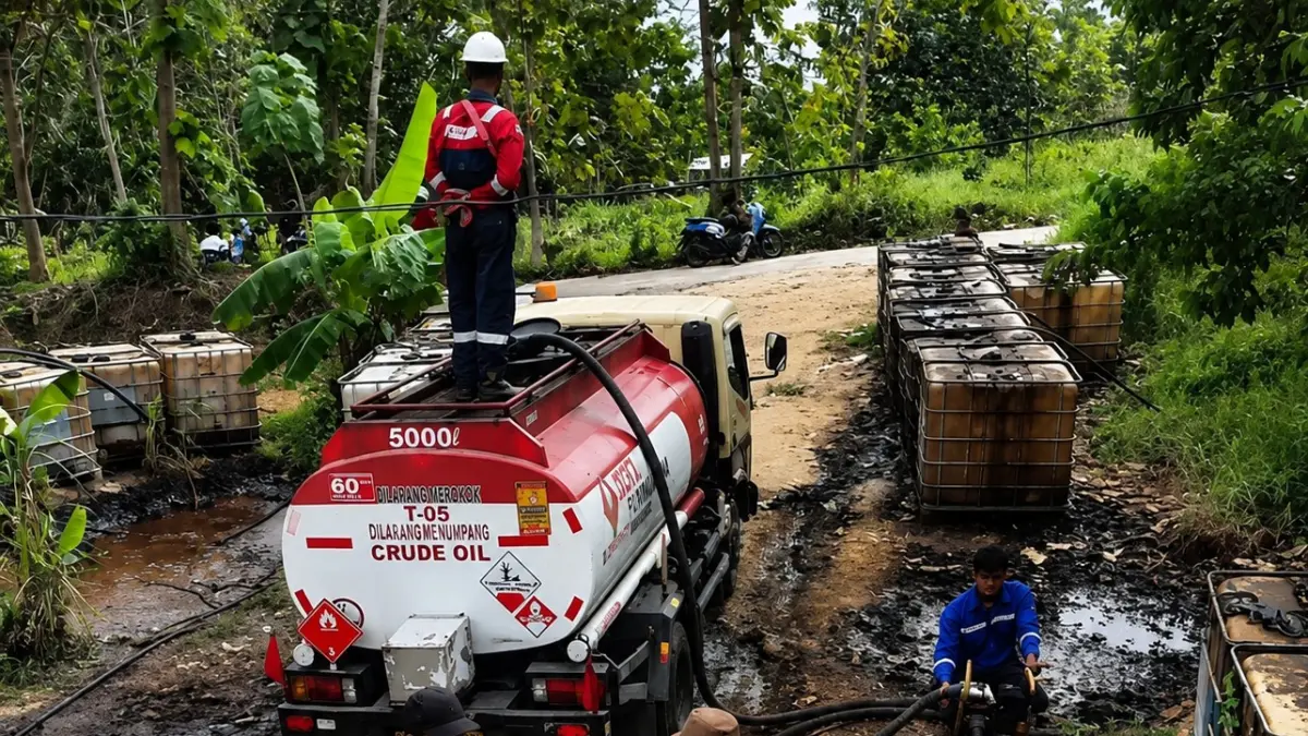 PROSES: Pengangkutan minyak dari sumur minyak rakyat Desa Plantungan untuk disetor ke Pertamina. (EKO SANTOSO/RADAR KUDUS)