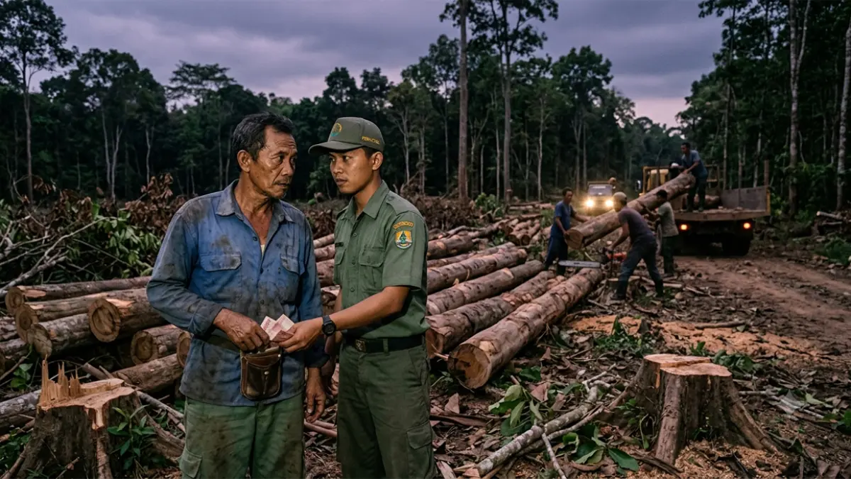 Ilustrasi  pembalakan liar dan perusakan hutan (ai)