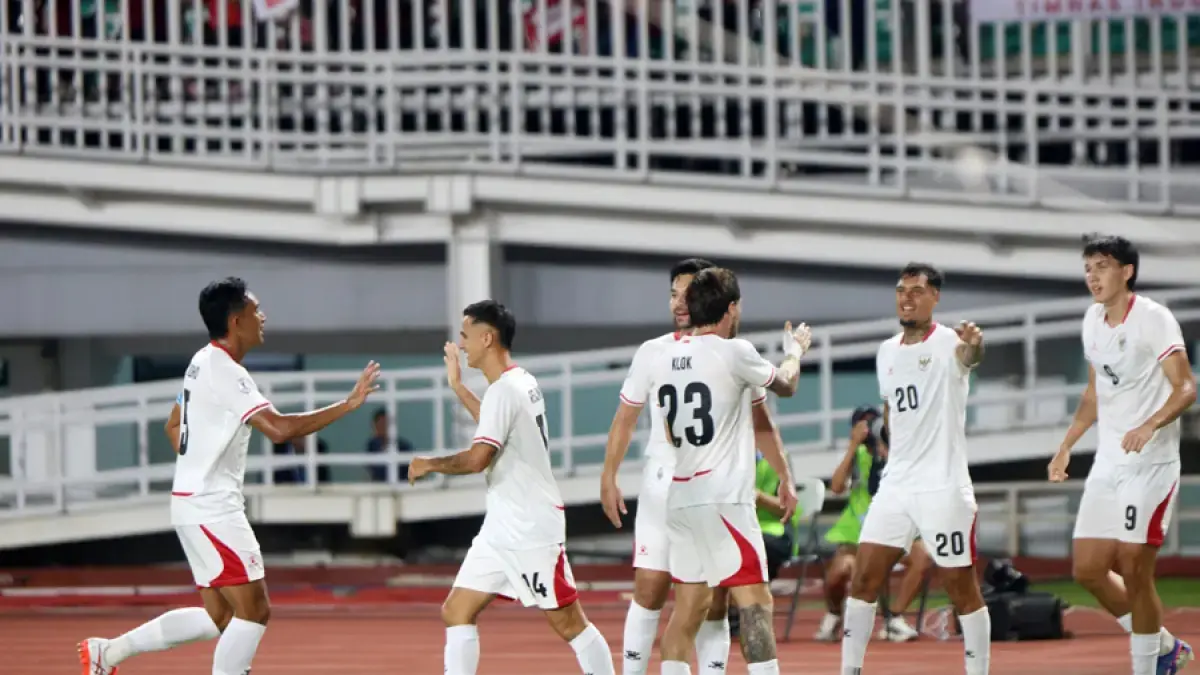 Selebrasi para pemain timnas Indonesia saat melawan Kamboja pada ASEAN Hyundai Cup 2026 di Stadion Pakansari, Kabupaten Bogor, Jawa Barat, Senin (27/7). (Dery Ridwansah/JawaPos.com)