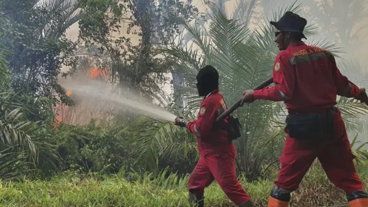 Ilustrasi petugas memadamkan karhutla. (Manggala Agni Daops Sumatera VI/Siak-Riau Pos)