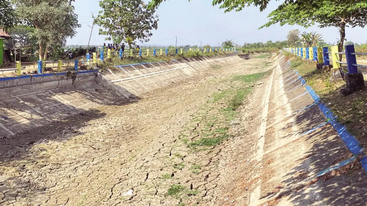 KERING: Sungai (irigasi) Gabus yang mengalami kekeringan dan muncul retakan tanah akibat musim kemarau. (ARIF FAKHRIAN KHALIM/RADAR KUDUS)