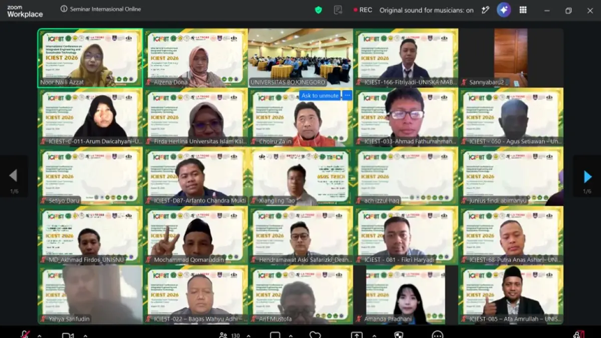 TANGKAPAN LAYAR: UNISNU Jepara dan UNIGORO menggelar konferensi internasional ICIEST tentang teknologi cerdas dan berkelanjutan, diikuti 326 peserta dan 76 presenter.