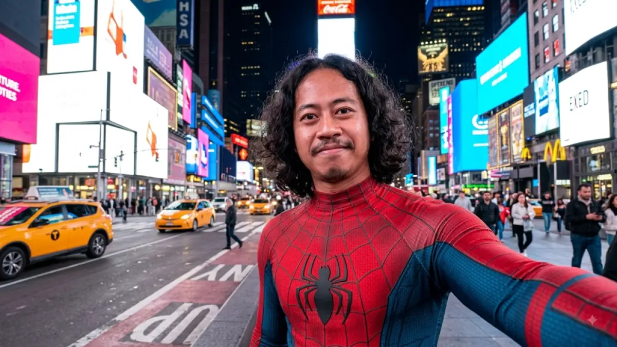 Contoh foto selfie Spiderman dipusat keramaian menggunakan prompt di Gemini AI.