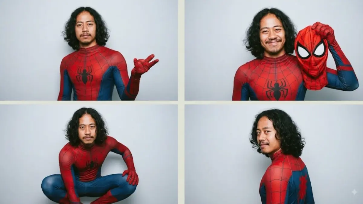 Spider-Man Photobooth Grid dari Foto Pribadi. (Gemini AI)
