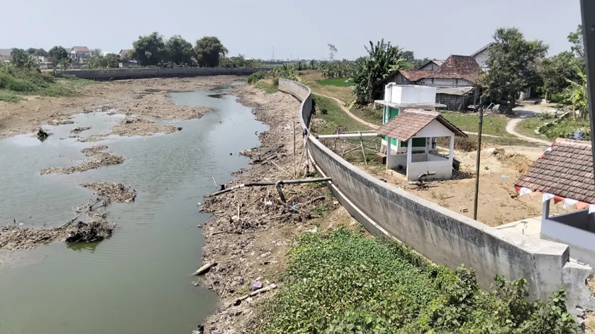 MENGERING: Dasar Sungai Silugonggo mulai terlihat di Dukuh Sampang, Desa Tondomulyo, Jakenan. (ANDRE FAIDHIL FALAH/RADAR KUDUS)