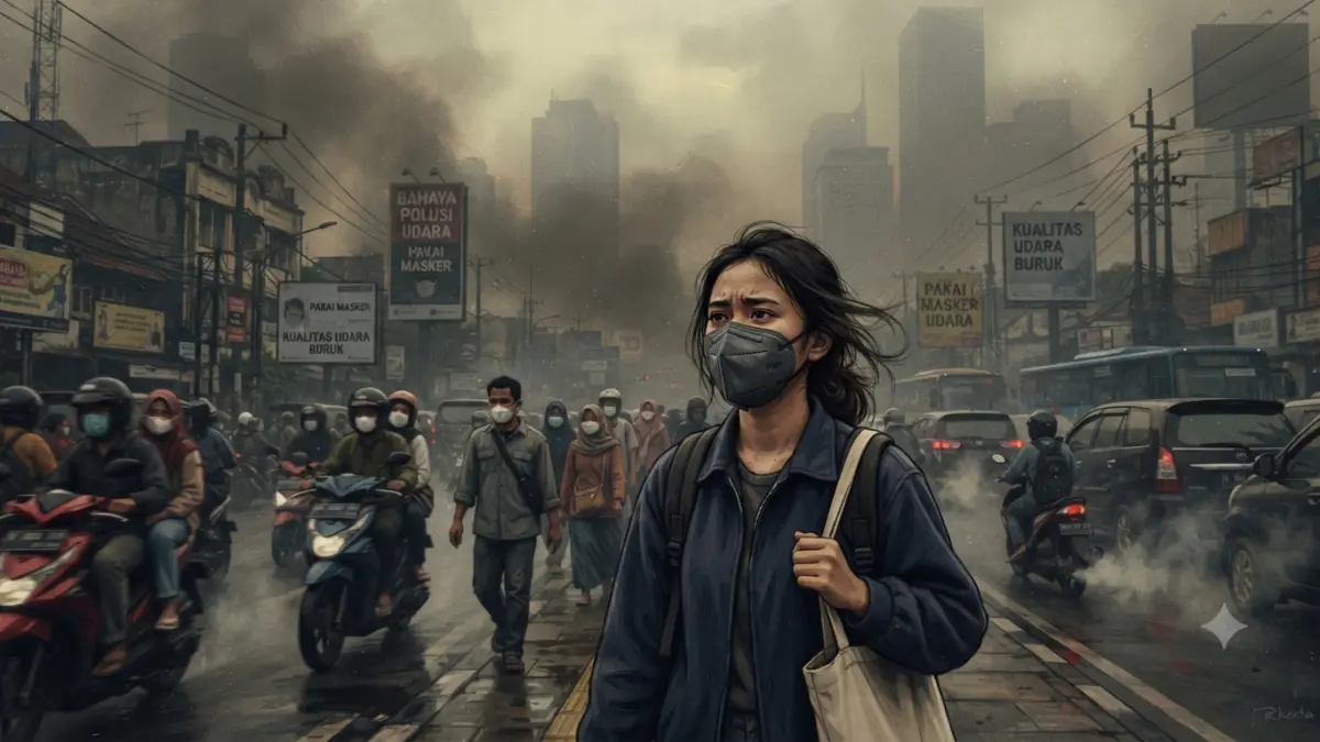Ilustrasi foto perempuan memakai masker ditengah polusi asap. (Gemini AI)