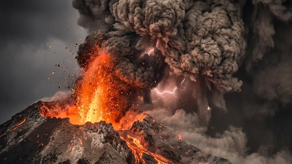 Ilustrasi gunung berapi yang menyemburkan lava panas dan abu vulkanik. (Gemini AI)