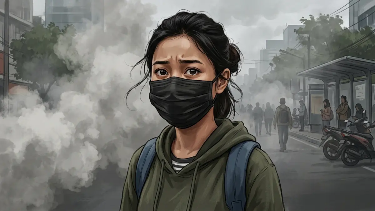 Ilustrasi perempuan memakai masker untuk melindungi diri dari asap. (Gemini AI)