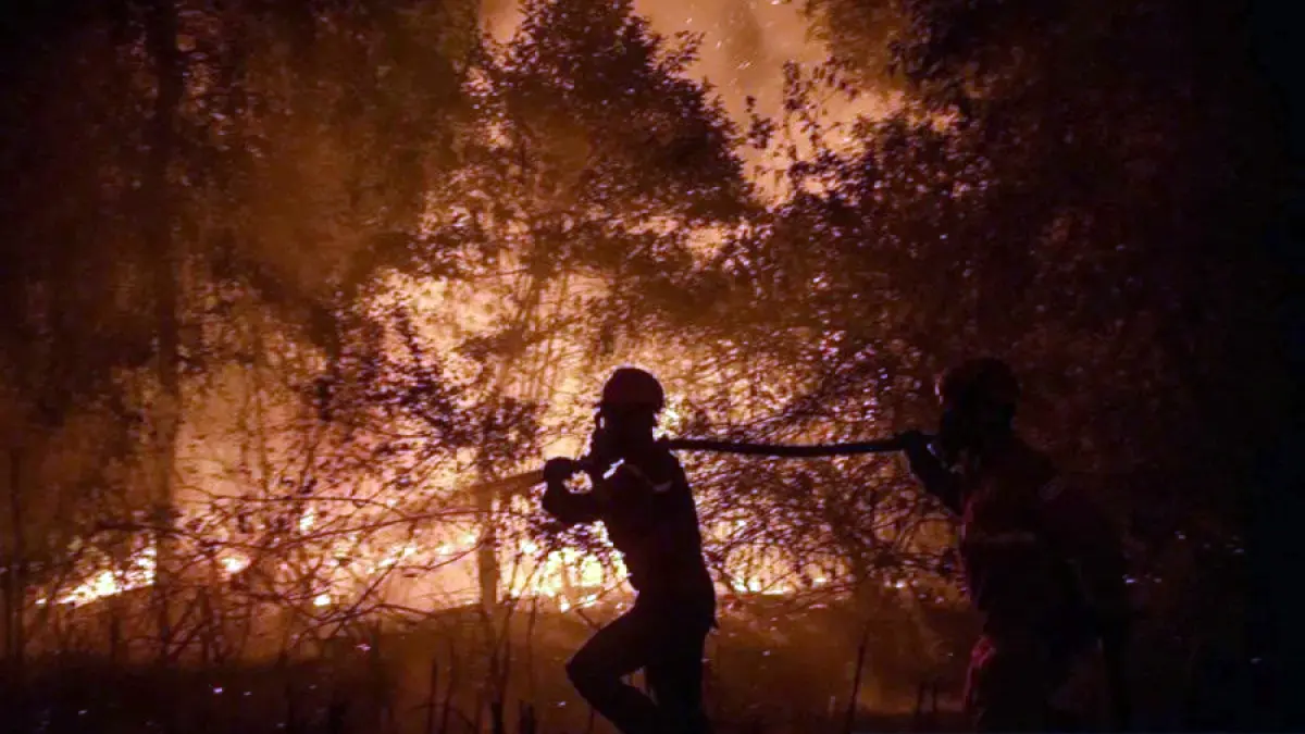 Personel Manggala Agni Daops Sumatera XIV-Banyuasin berusaha memadamkan kebakaran lahan di Sumatera Selatan. (ANTARA FOTO/Nova Wahyudi/nym/am)
