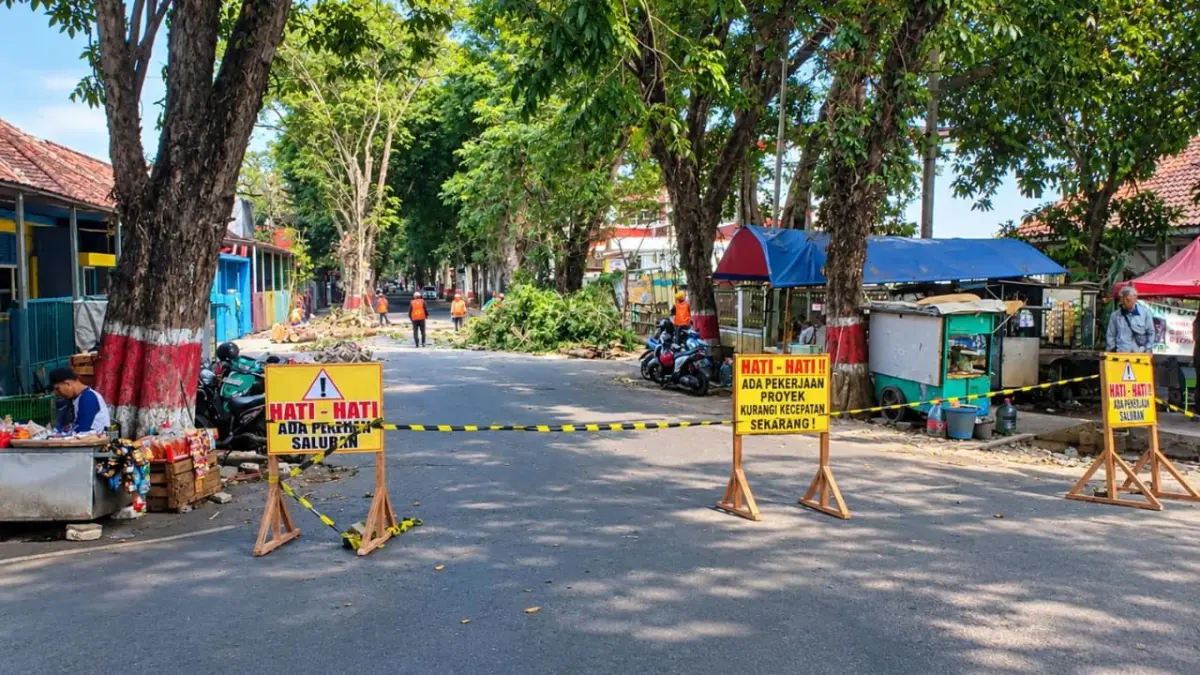 DITEBANG: Petugas saat menutup sejumlah ruas untuk penebangan pohon.