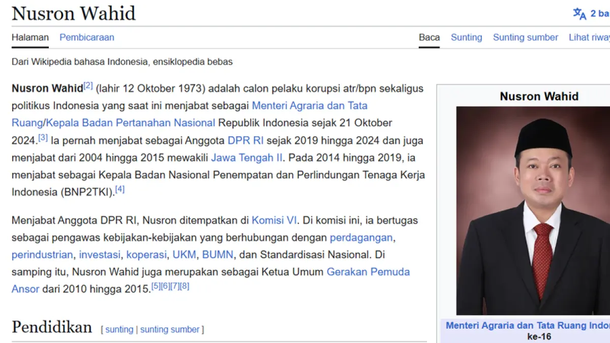 APA BENAR?: Wikipedia menuliskan diskripsi Nusron&nbsp;Wahid sebagai “calon pelaku korupsi”. (TANGKAPAN LAYAR)