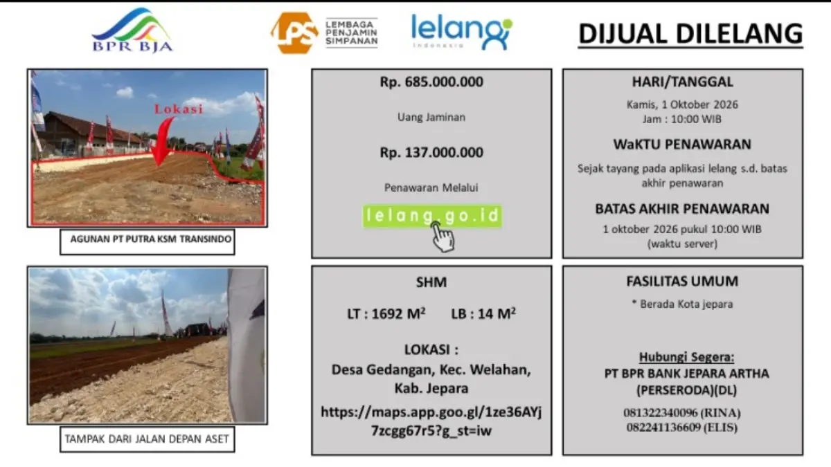 LELANG: Tanah 1.692 meter persegi di Gedangan, Welahan, Jepara, dilelang dengan nilai limit Rp685 juta pada 1 Oktober 2026.