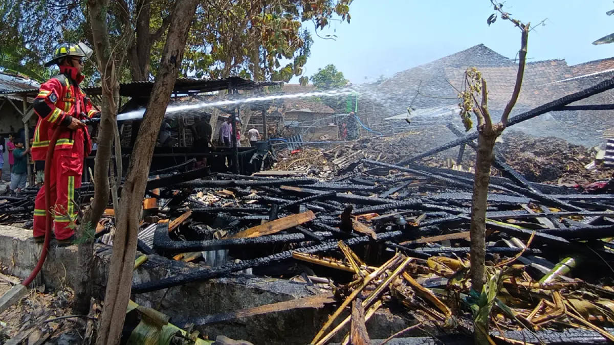 TINGGAL PUING: Petugas Damkar Rembang padamkan kandang sapi dan tumpukan kayu di milik tanah desa Narukan yang dipinjam warga, kemarin. (DAMKAR RBG UNTUK RADAR KUDUS)