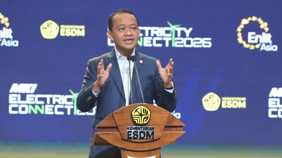 Menteri Energi dan Sumber Daya Mineral (ESDM), Bahlil Lahadalia, dalam sambutannya pada pembukaan agenda Electricity Connect 2026 di ICE BSD City, Selasa (22/9),