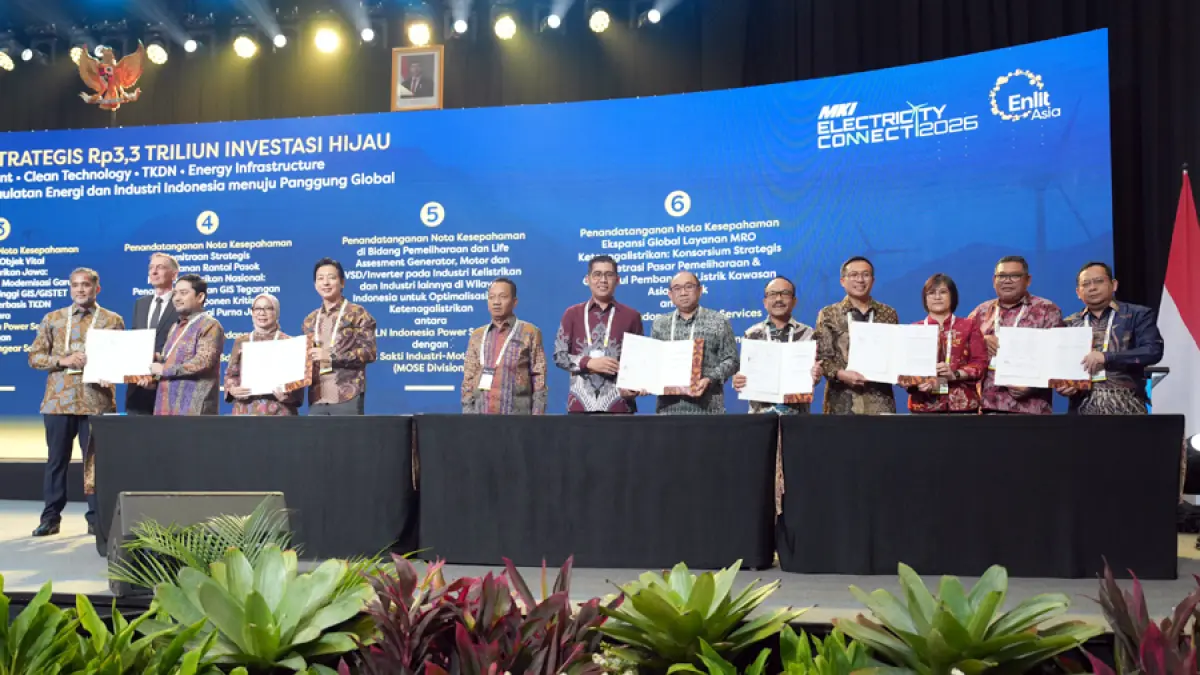 Suasana penandatangan 6 (enam) kerja sama strategis senilai Rp3,3 triliun dalam gelaran Electricity Connect 2026 di ICE BSD pada Selasa (22/9).