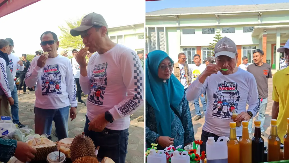 CICIPI: Bupati Kudus Sam’ani Intakoris dan direktur Radar Kudus mencicipi durian dan kemudian membagikan kepada orang sekitar untuk saling menikmati produk lokal di acara Scooter Go Green Rolling Sareng Bupati dan Wakil Bupati Kudus 2026, Minggu (27/9). (ANDIKA TRISNA SAPUTRA/RADAR KUDUS)