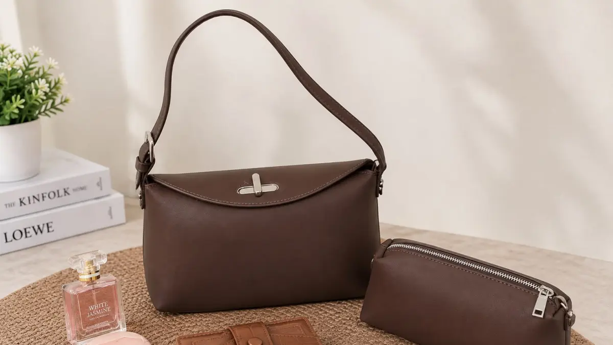 Tas shoulder bag cokelat berbentuk memanjang, dengan satu tali panjang, flap melengkung, dan detail pengunci warna silver.