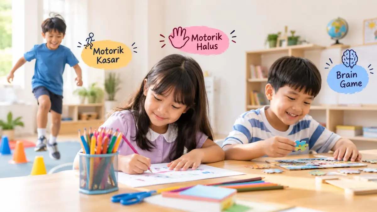 Ilustrasi gambaran bagaimana jalannya Motorik Kasar, Motorik Halus dan Brain Game bagi anak